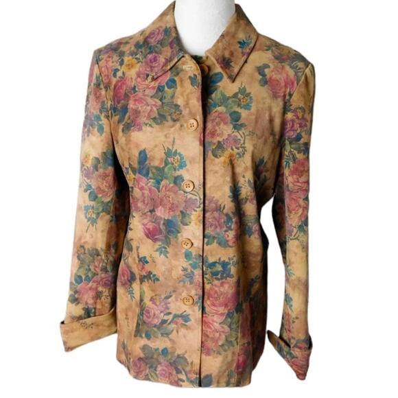 Vintage 90s Kate Hill Floral Leather Jacket – Size 4 Tan Rose Pattern Suede feel - Picture 7 of 14